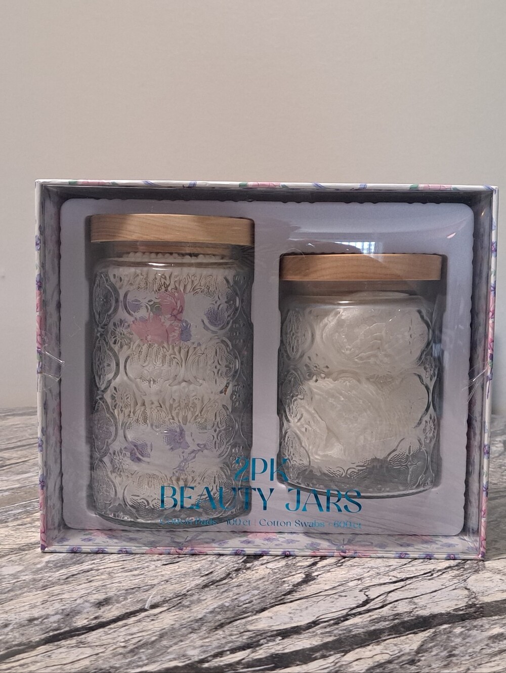 2-Piece Vintage-style glass beauty jar set With Cotton pads & Cotton swabs